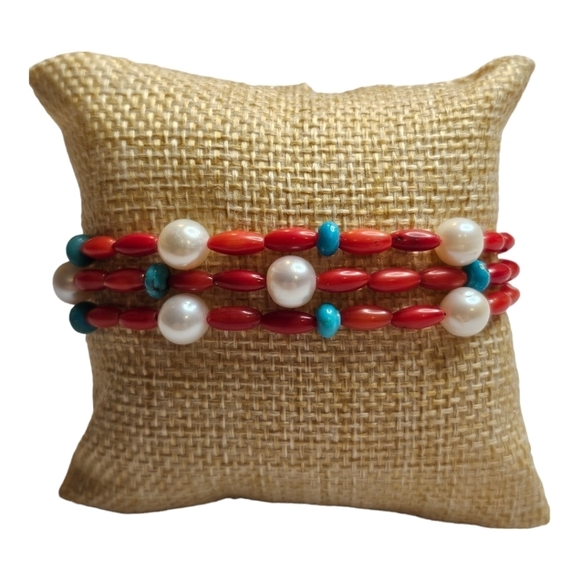 American West Red Coral Bead, Turquoise, and Pearl 3 Strand Bracelet - Picture 2 of 7